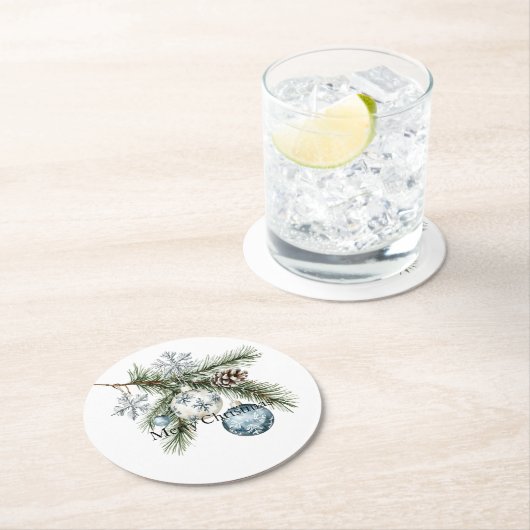 Christmas Tree Silver Snowflakes Blue Ornaments Runder Pappuntersetzer (Vor Ort)