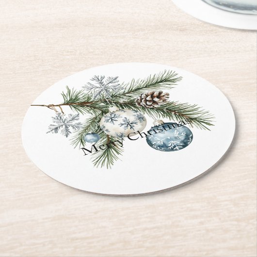 Christmas Tree Silver Snowflakes Blue Ornaments Runder Pappuntersetzer (Angewinkelt)