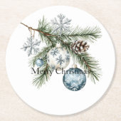 Christmas Tree Silver Snowflakes Blue Ornaments Runder Pappuntersetzer (Vorderseite)