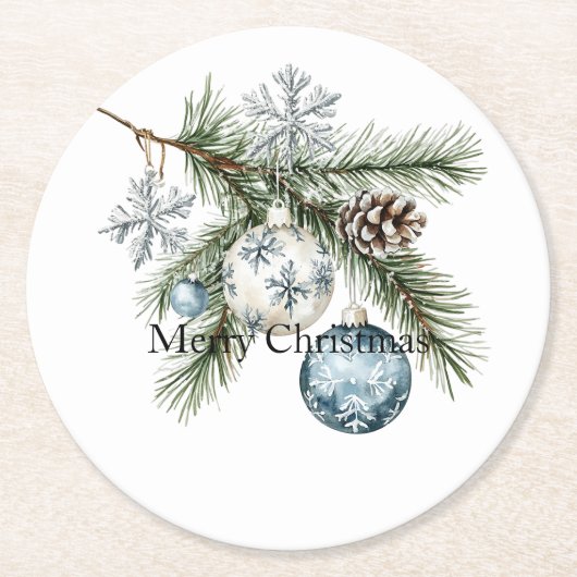 Christmas Tree Silver Snowflakes Blue Ornaments Runder Pappuntersetzer (Vorderseite)