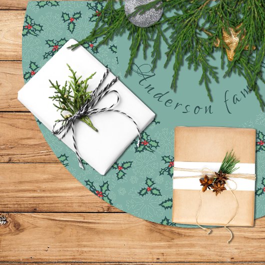 Christmas tree skirt, holly and snowflakes on blue polyester weihnachtsbaumdecke
