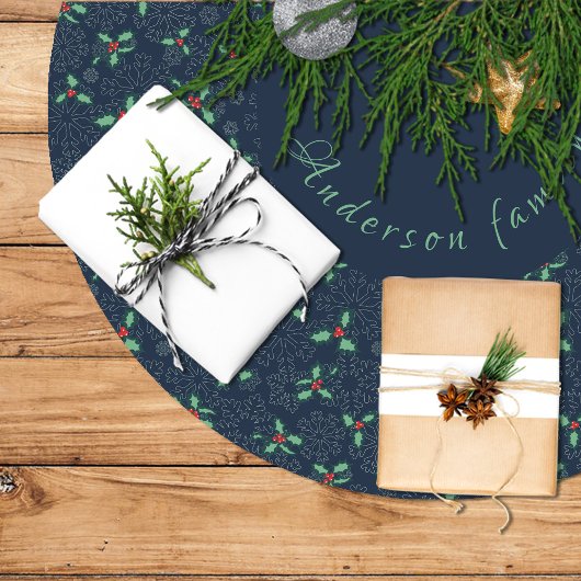 Christmas tree skirt, holly and snowflakes on blue polyester weihnachtsbaumdecke