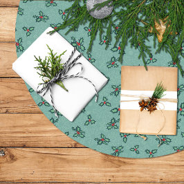 Christmas tree skirt, holly and snowflakes on blue polyester weihnachtsbaumdecke