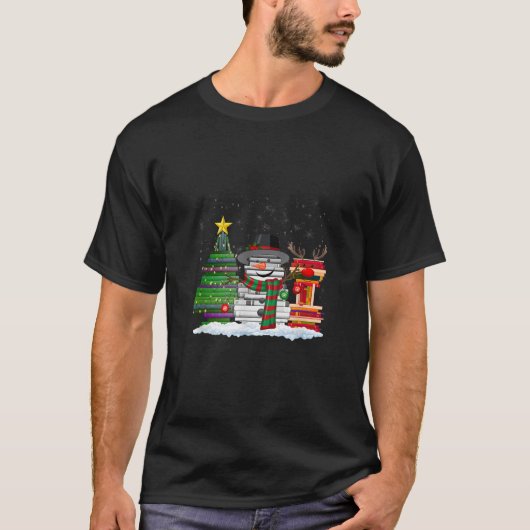 Christmas Tree Snowman Reindeer Book Stack Librari T-Shirt (Vorderseite)