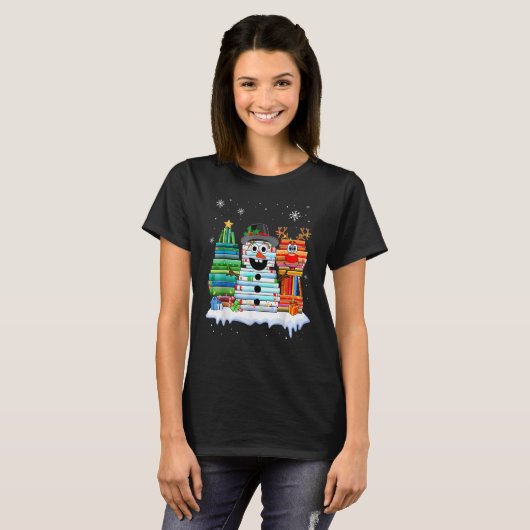 Christmas Tree Snowman Reindeer Book Stack Librari T-Shirt (Vorne ganz)