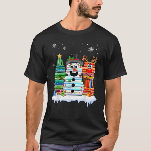 Christmas Tree Snowman Reindeer Book Stack Librari T-Shirt (Vorderseite)