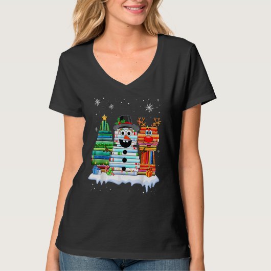 Christmas Tree Snowman Reindeer Book Stack Librari T-Shirt (Vorderseite)