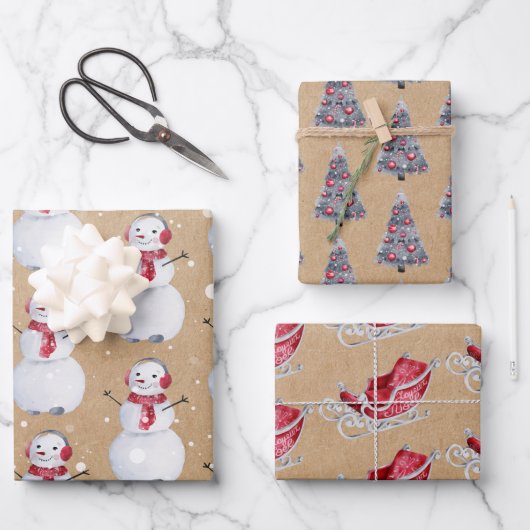 Christmas Tree Snowman Sleigh Kraft Geschenkpapier Set (Vorderseite)