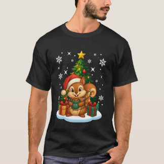 Christmas Tree Squirrel Lighting Santa Hat Xmas Fa T-Shirt