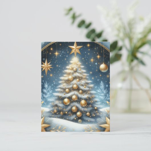 Christmas tree starry night, blues and gold design postkarte (Stehend Vorderseite)