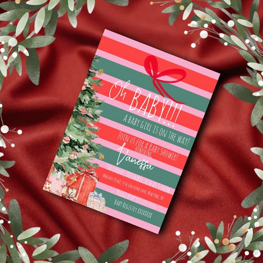 Christmas Tree Stripes Girls Baby Shower Einladung