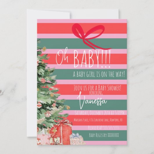Christmas Tree Stripes Girls Baby Shower Einladung (Vorderseite)