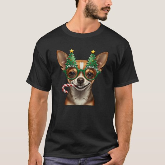 Christmas Tree Sunglasses Chihuahua Candy Cane Men T-Shirt (Vorderseite)