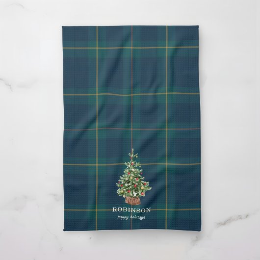 Christmas Tree Tartan Plaid Family Name Geschirrtuch