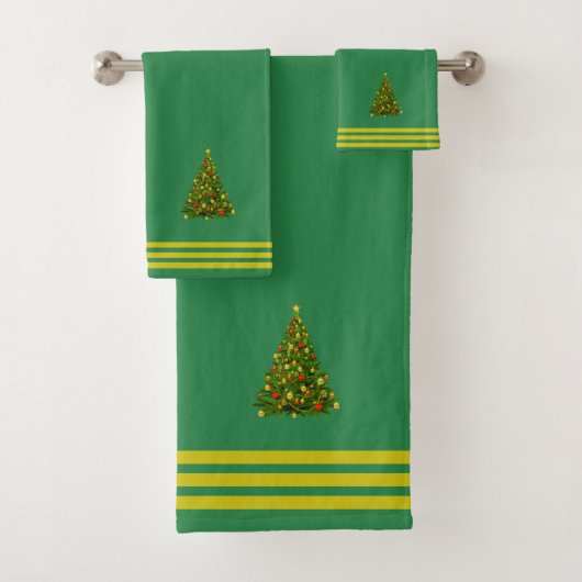 Christmas Tree, Three Stripes on Forest Green Badhandtuch Set (Insitu)