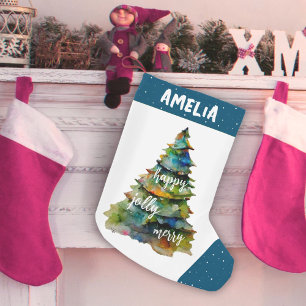 Christmas Tree Watercolor Merry Jolly Happy Blue Kleiner Weihnachtsstrumpf