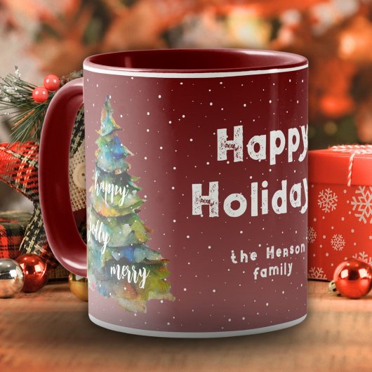Christmas Tree Watercolor Merry Jolly Happy Family Tasse