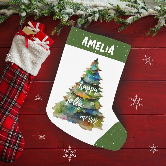 Christmas Tree Watercolor Merry Jolly Happy Kleiner Weihnachtsstrumpf