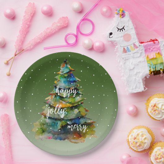 Christmas Tree Watercolor Merry Jolly Happy Pappteller (Party)