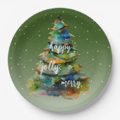 Christmas Tree Watercolor Merry Jolly Happy Pappteller (Vorderseite)