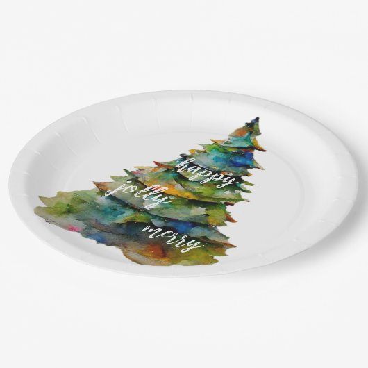 Christmas Tree Watercolor Merry Jolly Happy Pappteller (Schrägansicht)