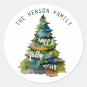 Christmas Tree Watercolor Merry Jolly Happy Runder Aufkleber (Vorderseite)