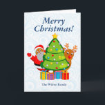 Christmas tree with black Santa Claus & Rudolph, Feiertagskarte<br><div class="desc">Fun Christmas tree with a black Santa Claus and Rudolph, peeking out from behind it, after delivering Christmas presents. The text says "Merry Christmas ADD FAMILY NAME". Click the "Customize it" button to add YOUR OWN TEXT, make your own changes and create your own original and unique gift. CONTACT US...</div>