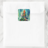 Christmas Tree with sparkly lights w/ snowy trees  Quadratischer Aufkleber (Tasche)