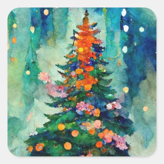 Christmas Tree with sparkly lights w/ snowy trees  Quadratischer Aufkleber (Vorderseite)