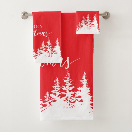 Christmas Trees Bath Towel Set Red and White (Insitu)