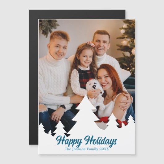 Christmas Trees Foto Blue Script Magnet Card (Vorne/Hinten)