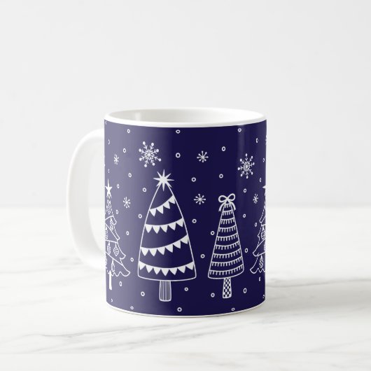 Christmas Trees in Snow Chalk Board Blue and White Kaffeetasse (Vorderseite Links)