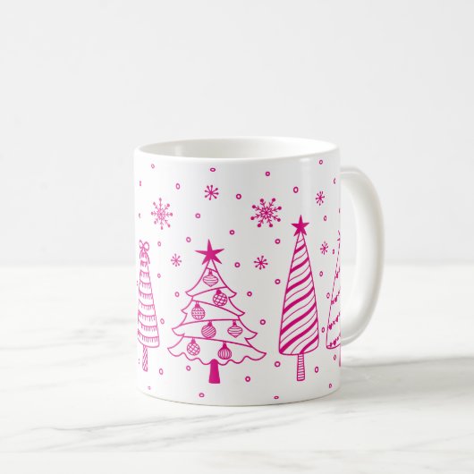 Christmas Trees in Snow Pink and White Inky Doodle Kaffeetasse (VorderseiteRechts)