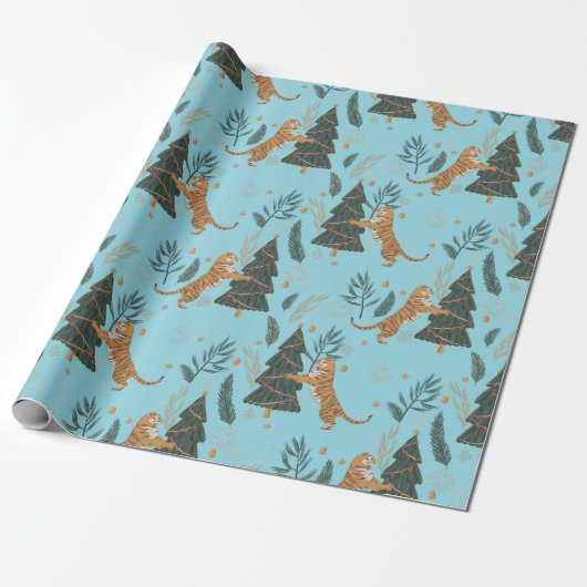 Christmas trees & tigers pattern Blue background Geschenkpapier (Ungerollt)