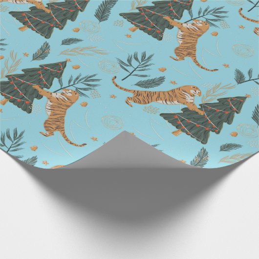 Christmas trees & tigers pattern Blue background Geschenkpapier (Ecke)