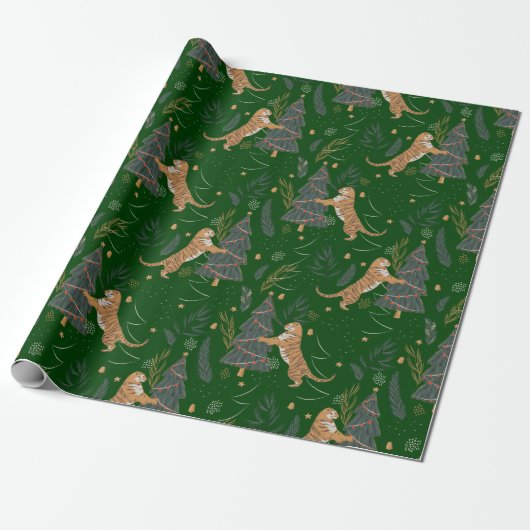 Christmas trees & tigers pattern Green background Geschenkpapier (Ungerollt)