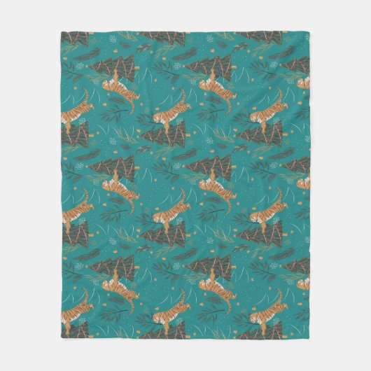 Christmas trees & tigers pattern on turquoise fleecedecke (Vorderseite)