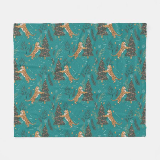 Christmas trees & tigers pattern on turquoise fleecedecke (Vorderseite (Horizontal))