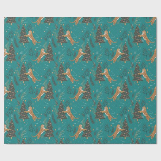 Christmas trees & tigers pattern on turquoise geschenkpapier (Flach)