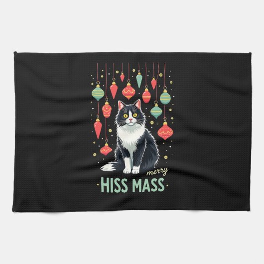 Christmas Tuxedo Cat with Holiday Decorations Merr Geschirrtuch (Horizontal)