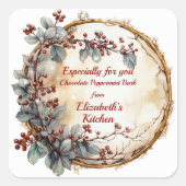 Christmas Twig Wreath Red Berries Blätter Quadratischer Aufkleber (Vorderseite)