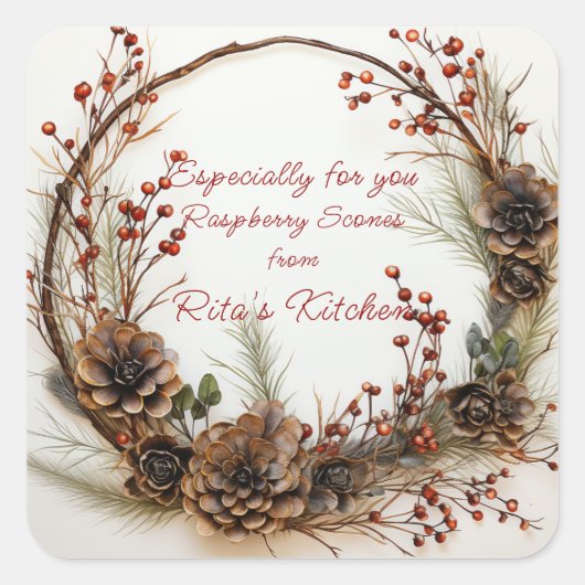 Christmas Twig Wreath Red Berries Pinecones Quadratischer Aufkleber (Vorderseite)