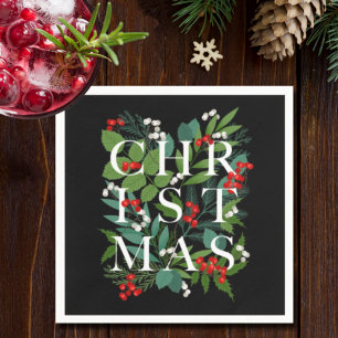 CHRISTMAS Typografie Berries Greenerie auf Schwarz Serviette
