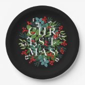 CHRISTMAS Typografie Berries und Grünpflanzen Pappteller (Vorderseite)