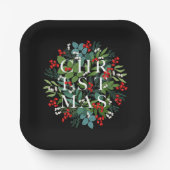 CHRISTMAS Typografie Berries und Grünpflanzen Pappteller (Vorderseite)