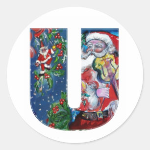 CHRISTMAS U BRIEF / SANTA MIT VIOLIN MONOGRAM RUNDER AUFKLEBER