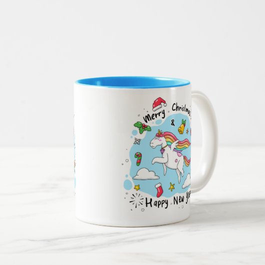 Christmas Unicorn Doodle Blue Zweifarbige Tasse (VorderseiteRechts)