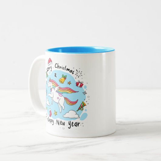 Christmas Unicorn Doodle Blue Zweifarbige Tasse (Vorderseite Links)