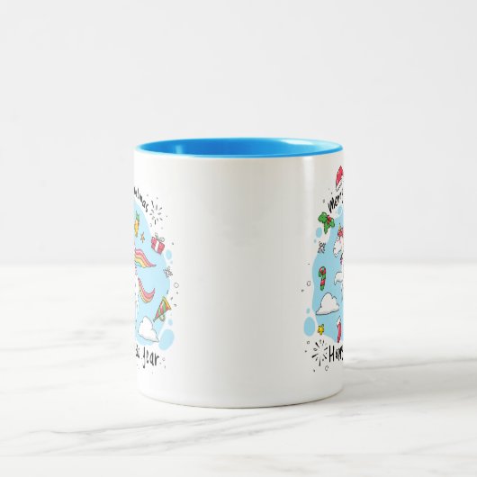 Christmas Unicorn Doodle Blue Zweifarbige Tasse (Mittel)