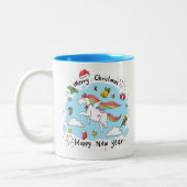 Christmas Unicorn Doodle Blue Zweifarbige Tasse (Links)